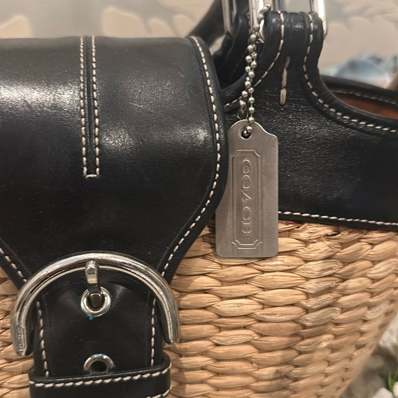 Authentic coach, black leather and tan wicker handbag, satchel. Large size - Picture 8 of 13